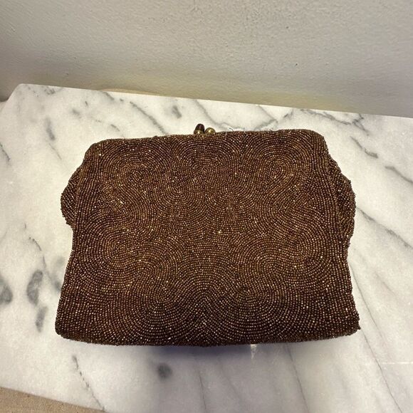 Elegant Brown Clutch Bag beaded with copper tiny beads made in Belgium - Picture 7 of 16